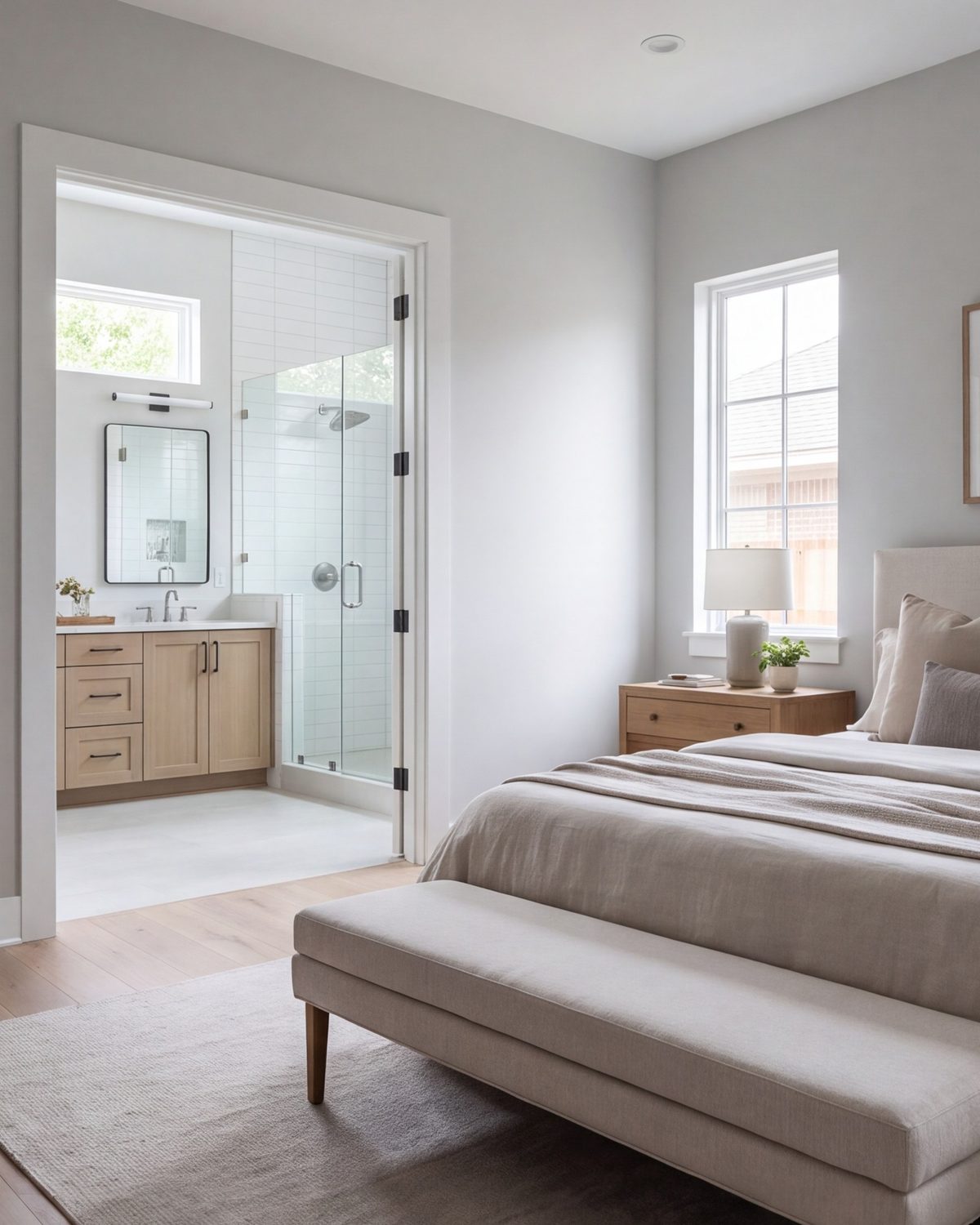 Ground-floor bedroom suite with a doorway into a new bathroom