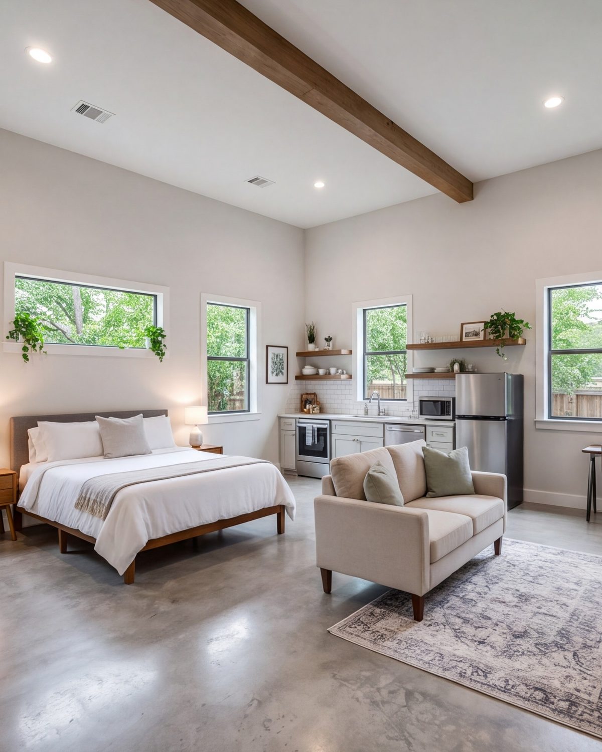 Converted garage apartment with a bed, sitting area and kitchenette in a Mission Bend home