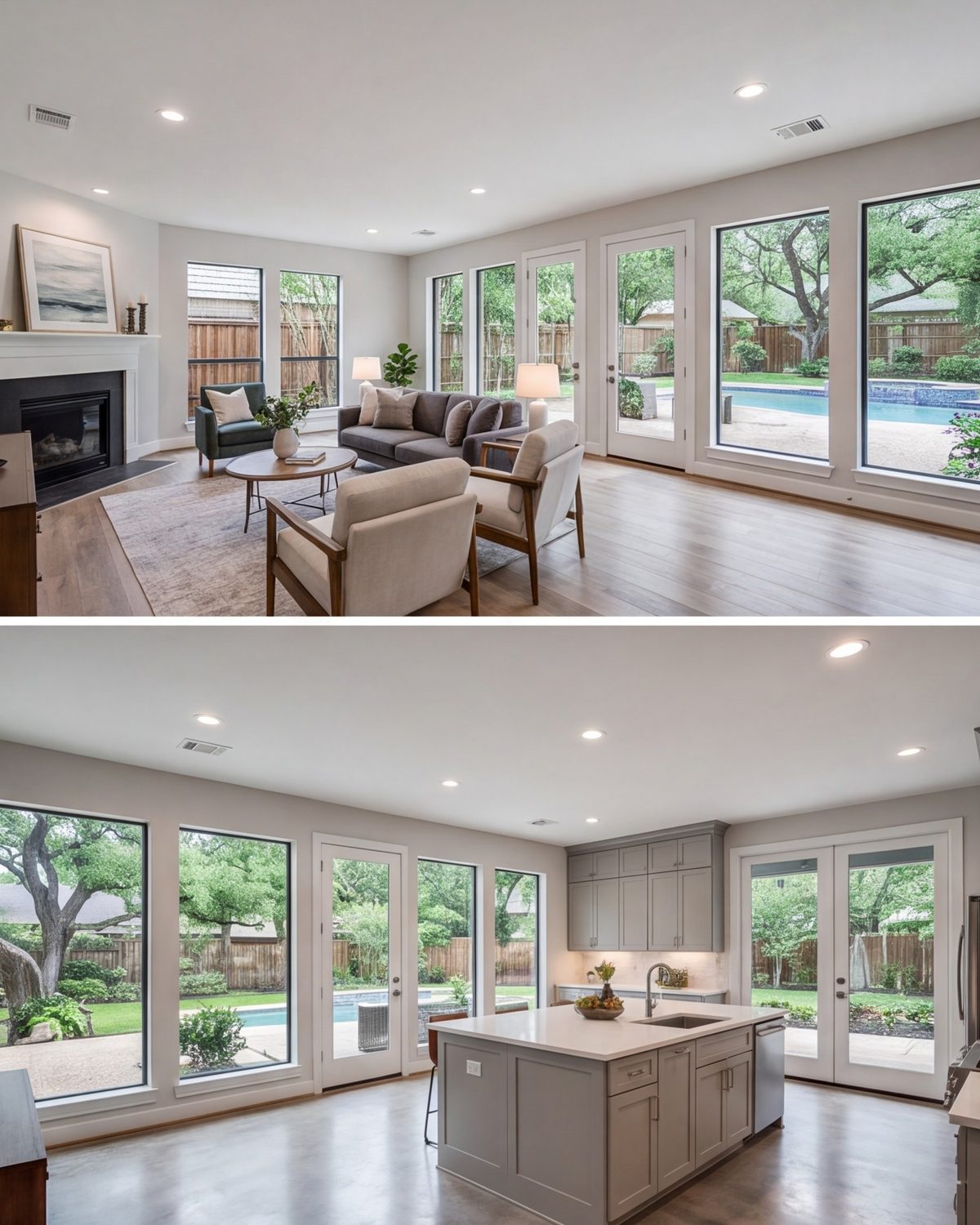 Meyerland brick ranch living room and kitchen after a full remodel