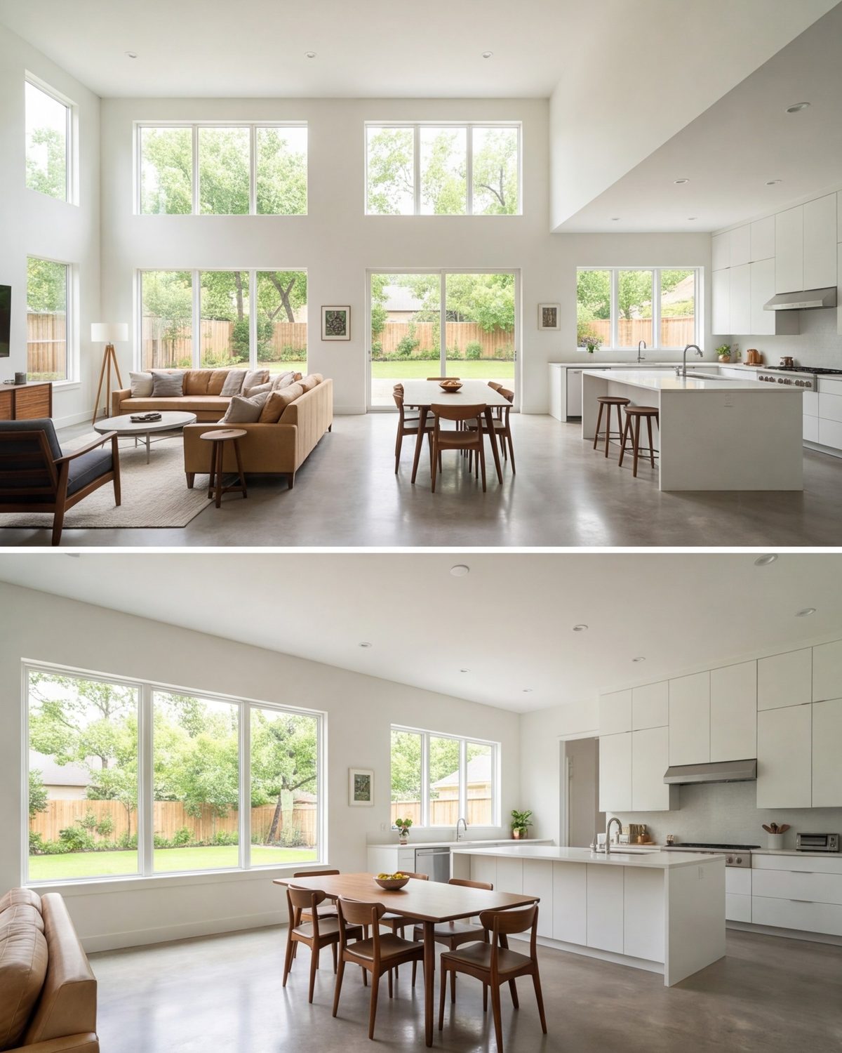 Sugar Land open living and dining room beside a bright kitchen