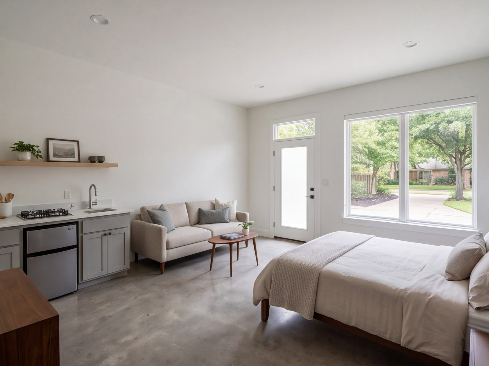 Converted garage apartment with a bed, sitting area, kitchenette and its own entry