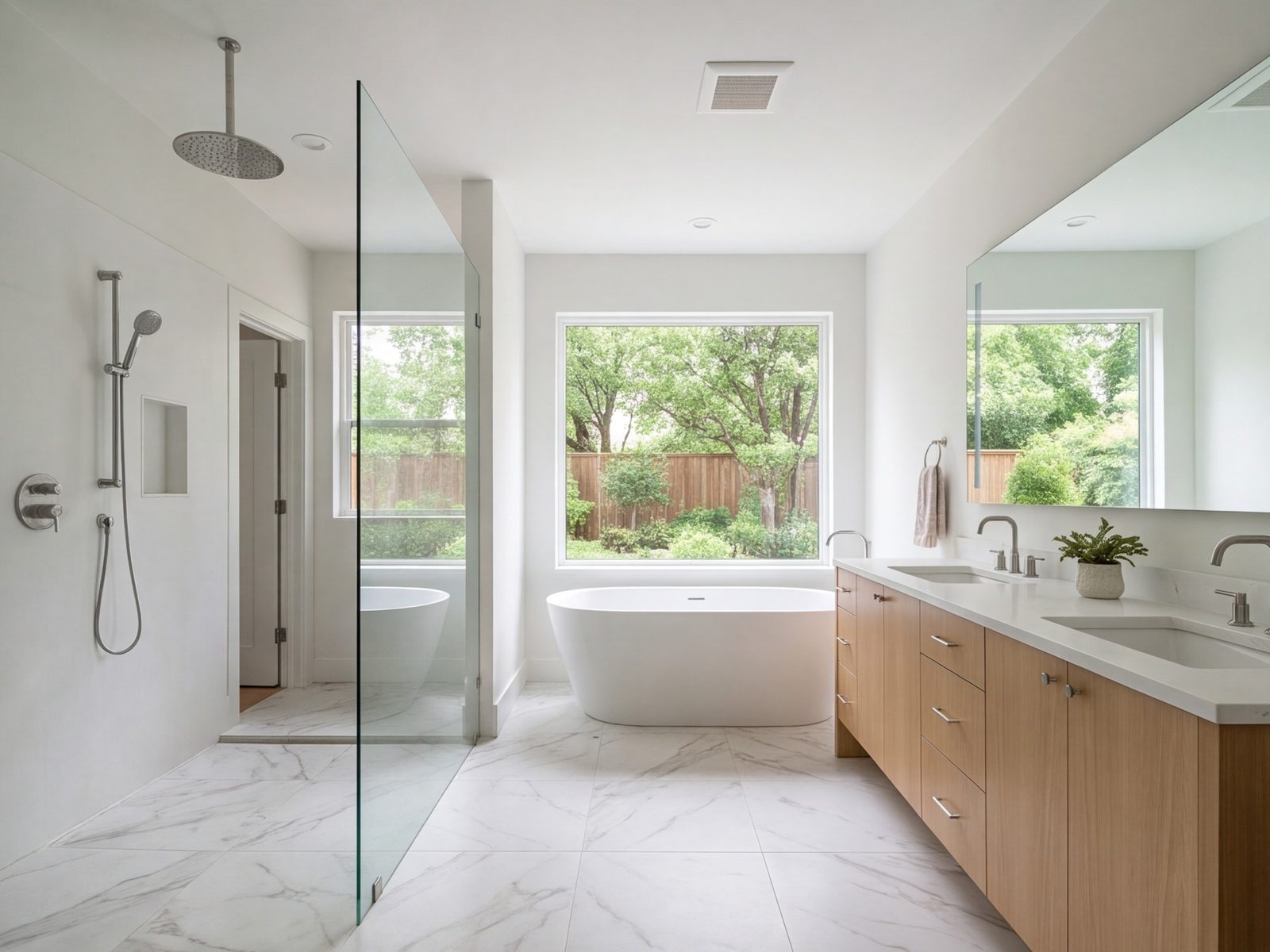 Spacious primary bathroom with a walk-in shower, double vanity and soaking tub