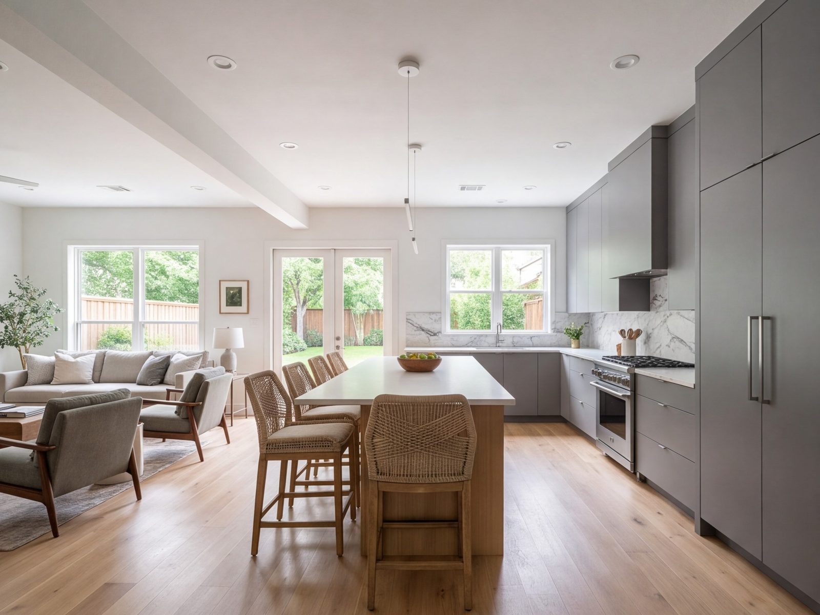 Wide family kitchen with a long island and tall cabinets opening onto a living room